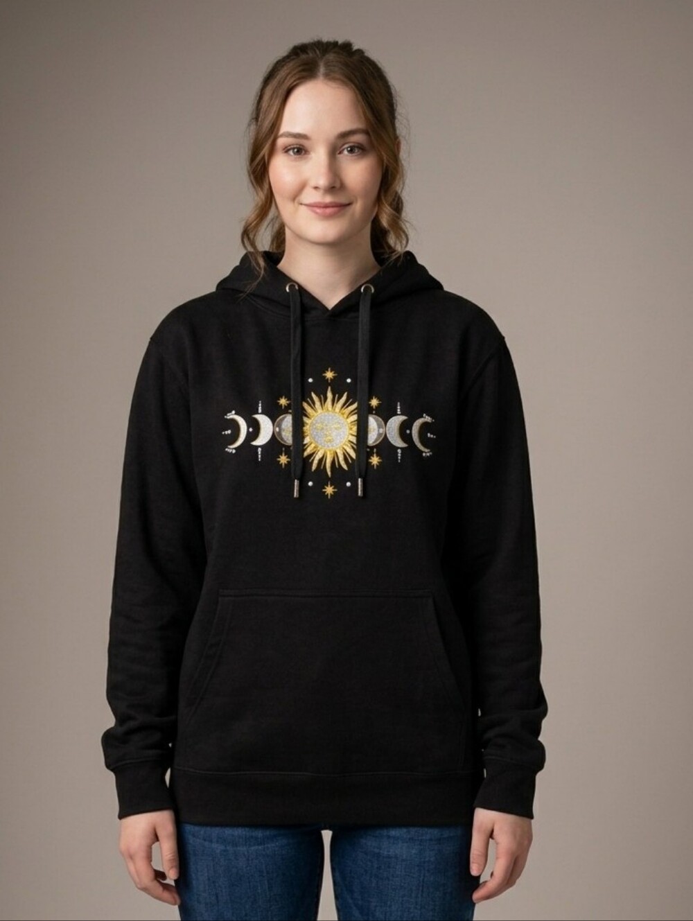 Custom Black Celestial Cat Graphic Hoodie - Sun & Moon Design
